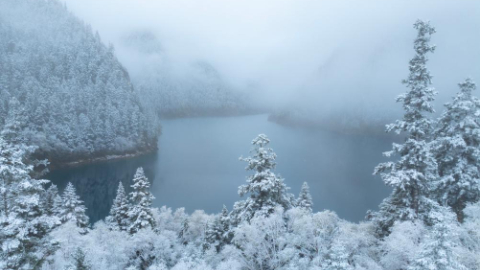 Aerial view of Jiuzhaigou scenic spot after snow